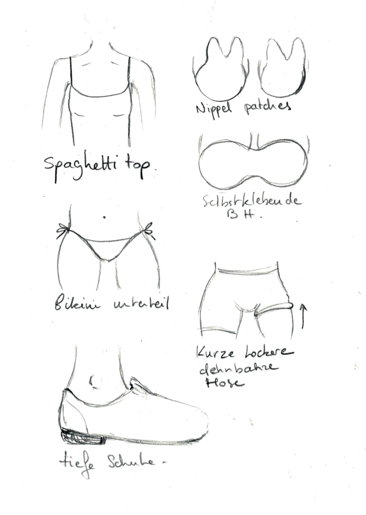 Shulter, Oberarm, Schulterblatt, Schlüsselbein : Spaghetti-Top

Rippen, Underboob, Brustkorb : Nippel Patches oder Selbstklebender BH.

Rücken : Selbstklebender BH oder Rückenfreies Top.

Oberschenkel : Kurze Lockere oder dehnbare Hose.

Leiste : Bikini Unterteil mit Schnürrung.

Knöchel : tiefe Schuhe.