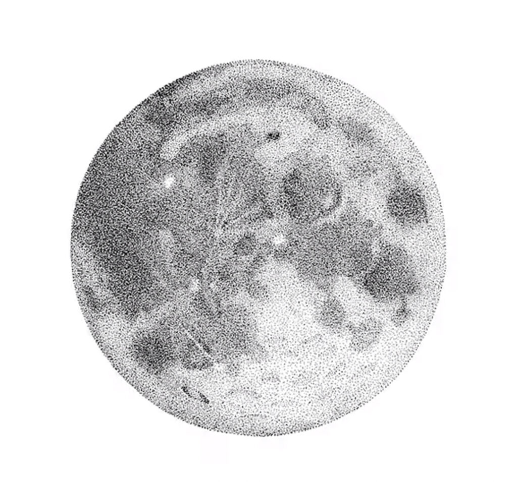 moon dotwork, gradiant shades of grey with dots, moon in dotwork, dots defines surface,