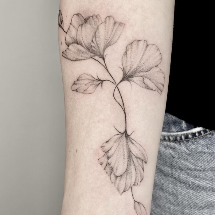 Fineline-Tattoo einer Sweet Pea-Blume (Duftwicke) auf dem Unterarm mit feinen Linien und sanften Dotwork-Schattierungen.