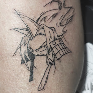 Anime tattoo Amidamaru mit katana und Stück Rüstung, fineline ohne schattierung. Character aus der Manga Shaman King