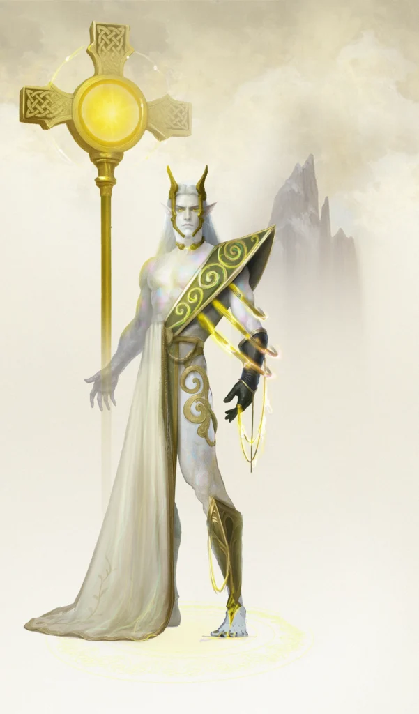 Eine hochgewachsene, elfartige Fantasyfigur mit blasser Haut und langem weißen Haar steht in einer nebligen, hellen Landschaft. Die Figur trägt goldene Rüstungselemente mit leuchtenden magischen Ornamenten, hält einen großen goldenen Stab mit strahlendem Lichtkreis und wirkt majestätisch sowie übernatürlich. Im Hintergrund ragen schroffe Felsen aus dem Nebel empor.
