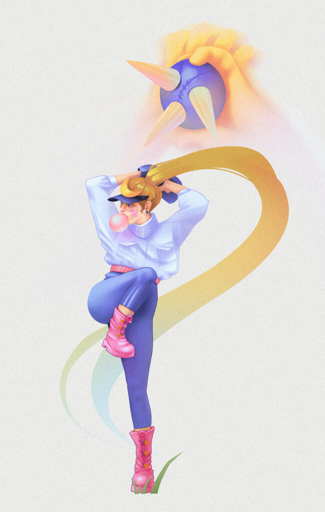 Eine stilisierte, moderne Illustration zeigt eine dynamische Person mit langem blondem Pferdeschwanz, die eine stachelige Keule über dem Kopf schwingt. Die Figur trägt ein hellblaues Oberteil, enge blaue Hosen und pinke Stiefel, während sie Kaugummi bläst. Farbige, geschwungene Formen im Hintergrund verstärken die Bewegung und Energie der Szene.