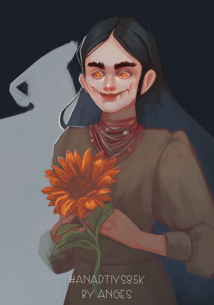 Eine düstere, stilisierte Illustration zeigt ein Mädchen mit langen schwarzen Haaren, leuchtend orangefarbenen Augen und einem unheimlichen Lächeln. Sie hält eine große Sonnenblume in den Händen, während hinter ihr die weiße Silhouette eines Pferdes erscheint. Der dunkle Hintergrund verstärkt die geheimnisvolle und leicht gruselige Atmosphäre.