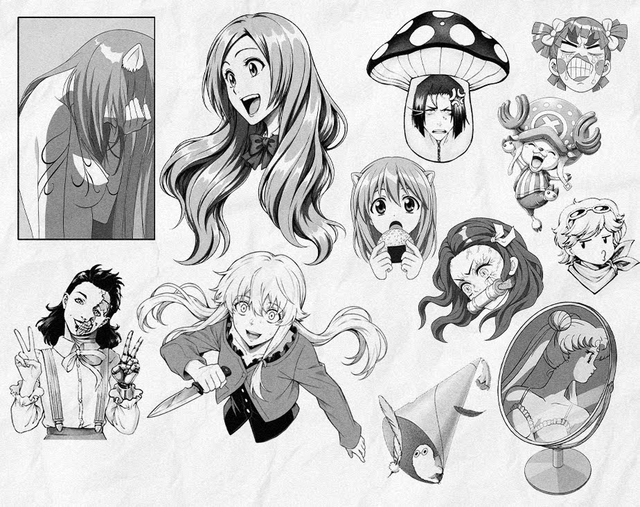 Anime Manga Flash Tattoo Set im Black and Grey Stil mit verschiedenen Charakter Portraits, Mädchen Figuren, Chopper aus One Piece, Nezuko aus Demon Slayer, Yuno Gasai aus Mirai Nikki, Fantasy Wesen, Pilz Motiv, Spiegel Motiv und kleinen Manga Details