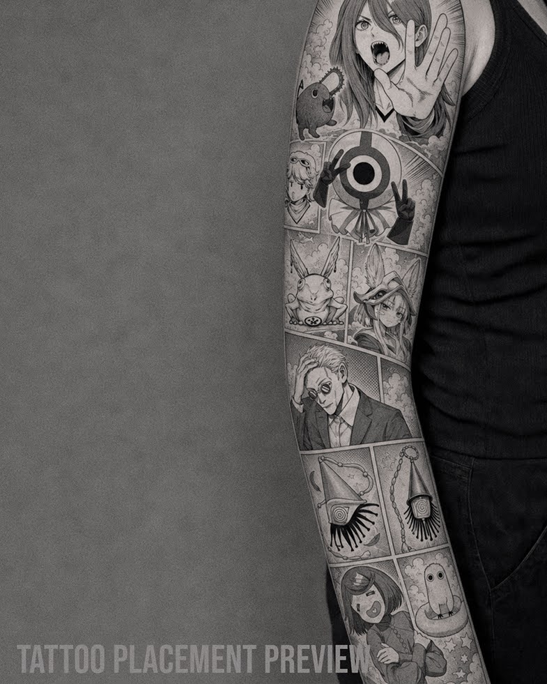 Black and Grey Anime Manga Tattoo Sleeve mit vielen Character Panels, darunter Chainsaw Man, Witch Hat Atelier, One Piece, Manga Porträts, Pochita, Chopper, magische Hüte, Fantasy Motive und kleine Detail Panels auf dem Arm.