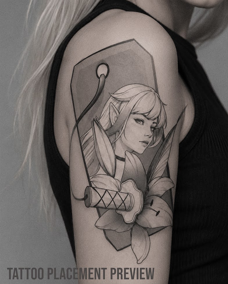 Fantasy Anime Tattoo Flash mit Elfenmädchen, Katana-Schwert, Lilienblumen und grauem geometrischem Hintergrund. Schwarz-weißes Manga Tattoo Design für große Platzierungen wie Arm, Bein oder Oberschenkel.
