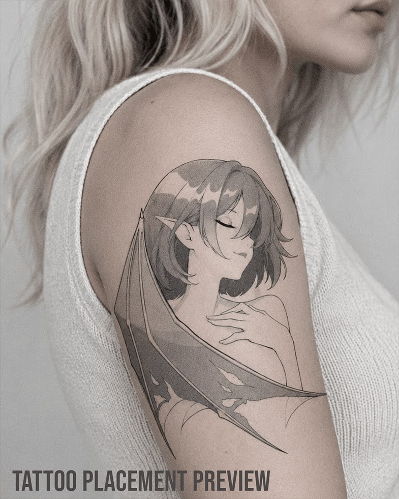 Dark Anime Tattoo Flash mit weiblichem Fantasy Charakter, Fledermausflügel, spitzen Elfenohren, geschlossenen Augen und feinen Händen. Schwarz-grauer Manga Sketch mit weicher Schattierung.