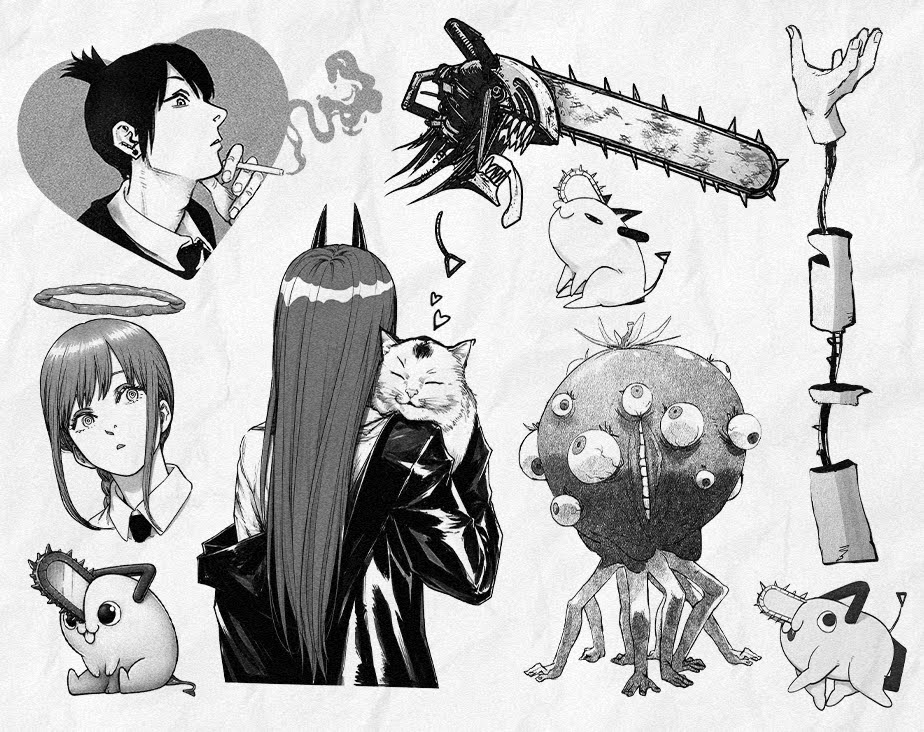 Chainsaw Man Flash Tattoo Set im Black and Grey Manga Stil mit mehreren kleinen Motiven und Charakteren wie Denji, Makima, Power und Pochita. Der Flash Sheet enthält eine große Kettensäge, Pochita mit Chainsaw, Power mit Katze, Makima Porträt, Denji Porträt mit Zigarette, abgetrennte Hand, Monster Kopf mit vielen Augen und weitere düstere Manga Elemente.