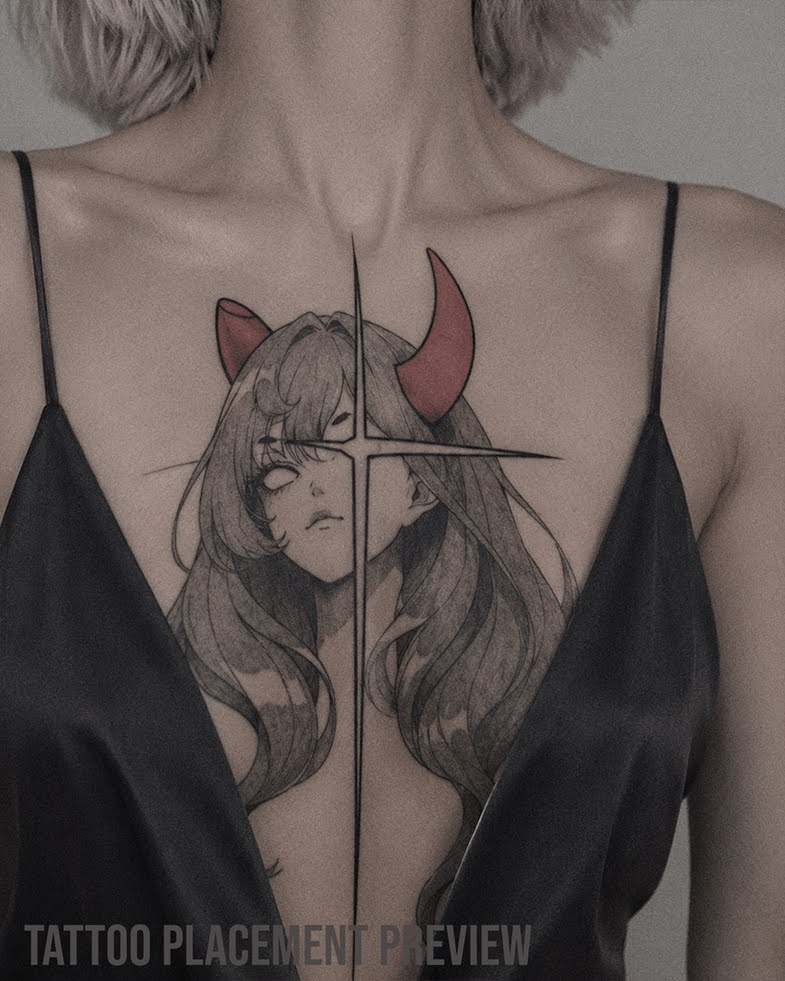 Dark Feminine Tattoo mit weiblichem Fantasy Porträt, langen Haaren, roten Hörnern, intensivem Blick und großem Kreuzstern Symbol vor dem Gesicht. Black and Grey Tattoo mit roten Akzenten für Brust, Dekolleté, Rücken oder Oberarm.