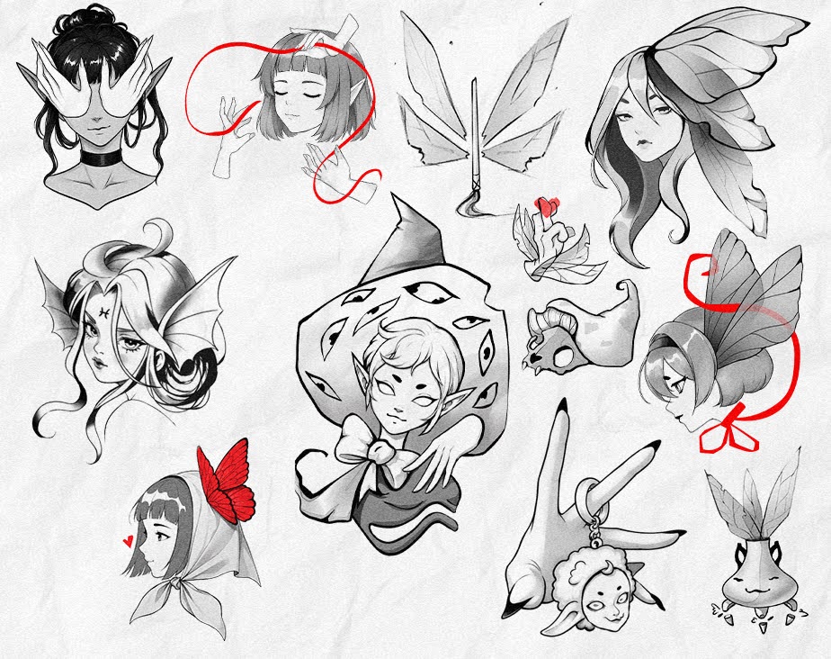 Fantasy Character Flash Tattoo Set im Black and Grey Stil mit weiblichen Figuren, Elfen Mädchen, Feen Charakteren, Masken, Flügeln, roten Akzenten, Schmetterling, Herz Details, magischen Händen und kleinen Fantasy Symbolen.