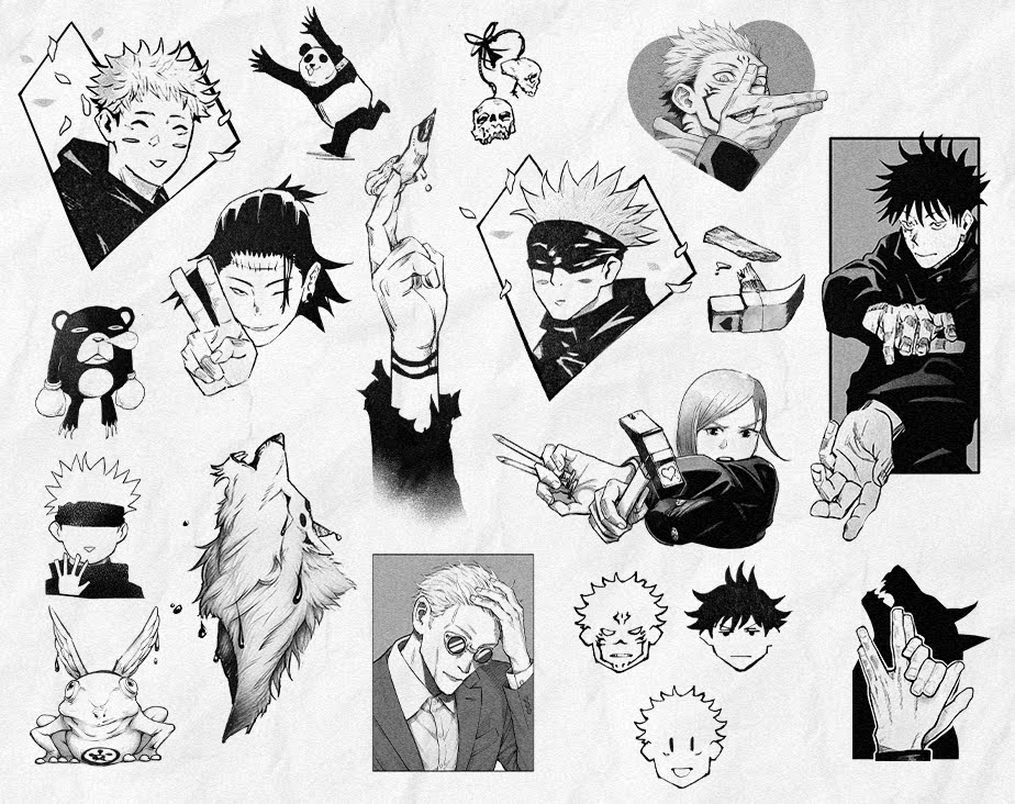 Jujutsu Kaisen Flash Tattoo Set im Black and Grey Manga Stil mit mehreren kleinen Anime Motiven und Charakteren wie Gojo Satoru, Ryomen Sukuna, Megumi Fushiguro, Nobara Kugisaki und Suguru Geto. Der Flash Sheet enthält Manga Portraits, Handzeichen, Shikigami Wolf, Panda, Frosch, Cursed Spirit Elemente, Herz Motiv, kleine Panels und dynamische Anime Details.