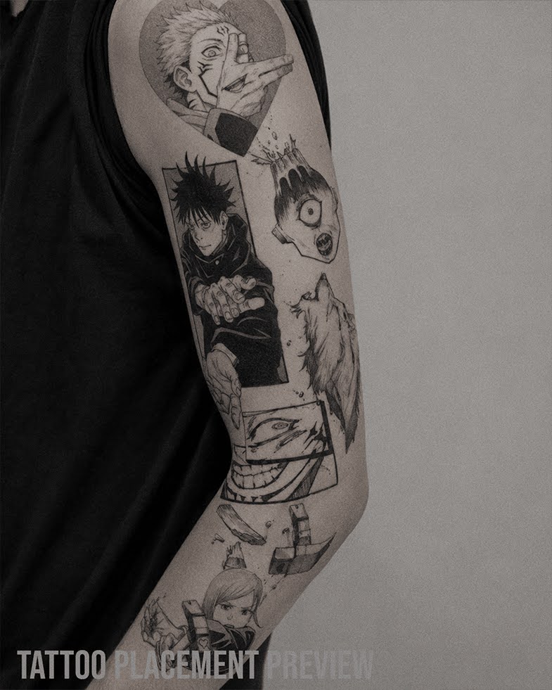 Black and Grey Anime Manga Tattoo Sleeve mit vielen Character Panels, darunter Chainsaw Man, Witch Hat Atelier, One Piece, Manga Porträts, Pochita, Chopper, magische Hüte, Fantasy Motive und kleine Detail Panels auf dem Arm.